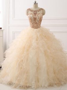 Shining Champagne Lace Up Scoop Beading and Ruffles Vestidos de Quinceanera Organza Sleeveless Sweep Train