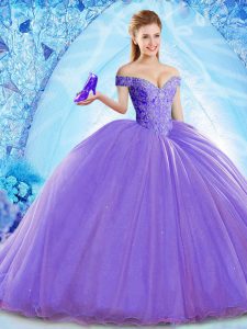 Lavender Organza Lace Up Sweet 16 Dresses Sleeveless Brush Train Beading