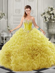 New Style Sleeveless Organza Court Train Lace Up 15 Quinceanera Dress in Yellow with Beading and Ruffles