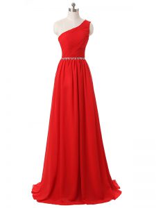 Chic Floor Length Red Court Dresses for Sweet 16 Chiffon Sleeveless Beading and Ruching