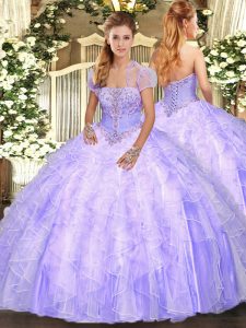 Strapless Sleeveless Tulle Ball Gown Prom Dress Appliques and Ruffles Lace Up