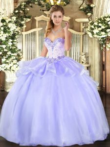 Unique Lavender Sleeveless Floor Length Beading Lace Up Sweet 16 Dresses