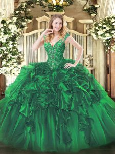 Fancy V-neck Sleeveless Lace Up Party Dress for Girls Green Organza