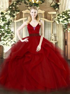 Custom Design Sleeveless Tulle Floor Length Zipper Sweet 16 Dresses in Wine Red with Beading and Ruffled Layers