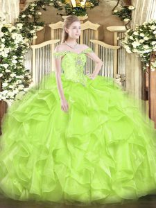Top Selling Sleeveless Organza Floor Length Lace Up Quinceanera Dresses in Yellow Green with Beading and Ruffles