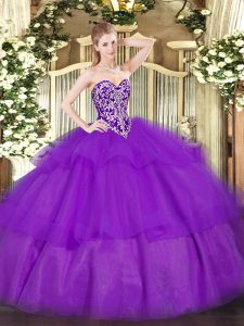 Inexpensive Floor Length Purple Quinceanera Dress Tulle Sleeveless Beading and Ruffled Layers