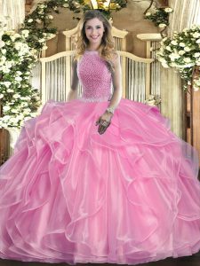 Custom Made Rose Pink Sleeveless Organza Lace Up Quinceanera Dress for Military Ball and Sweet 16 and Quinceanera