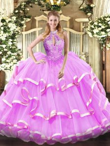 Lilac Organza Lace Up Ball Gown Prom Dress Sleeveless Floor Length Beading