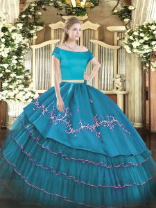 Dynamic Teal Quince Ball Gowns Military Ball and Sweet 16 and Quinceanera with Embroidery and Ruffled Layers Off The Shoulder Short Sleeves Zipper