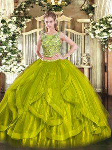 Suitable Olive Green Lace Up Scoop Beading and Ruffles Ball Gown Prom Dress Organza Sleeveless