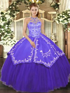 Custom Fit Purple Halter Top Neckline Beading and Embroidery Sweet 16 Quinceanera Dress Sleeveless Lace Up