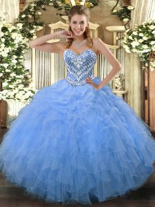 Gorgeous Floor Length Side Zipper Quinceanera Dresses Aqua Blue for Military Ball and Sweet 16 and Quinceanera with Beading and Ruffles