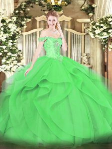 Latest Ball Gowns Quinceanera Dress Green Off The Shoulder Tulle Sleeveless Floor Length Lace Up