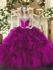 Glamorous Fuchsia Lace Up 15 Quinceanera Dress Beading and Ruffles Sleeveless Floor Length