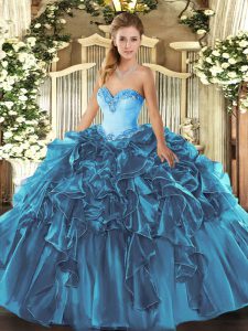 Popular Teal Organza Lace Up 15 Quinceanera Dress Sleeveless Floor Length Beading and Ruffles