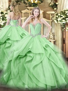 Elegant Sleeveless Floor Length Beading and Ruffles Lace Up Quinceanera Gowns with Green
