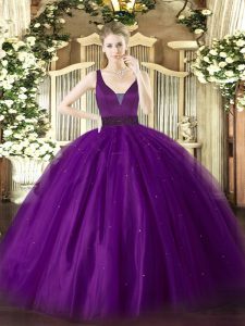Hot Sale Sleeveless Tulle Floor Length Zipper Military Ball Gowns in Purple with Beading