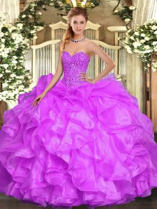 Decent Floor Length Lilac Sweet 16 Dress Organza Sleeveless Beading and Ruffles