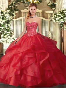 Pretty Red Lace Up 15 Quinceanera Dress Beading and Ruffles Sleeveless Floor Length