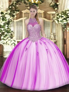 Eye-catching Fuchsia Lace Up Sweet 16 Quinceanera Dress Beading and Appliques Sleeveless Floor Length