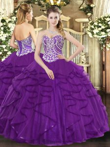 Clearance Purple Sweetheart Lace Up Beading and Ruffles Ball Gown Prom Dress Sleeveless