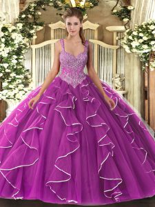 Perfect Fuchsia Ball Gowns Straps Sleeveless Tulle Floor Length Lace Up Beading Quinceanera Gown