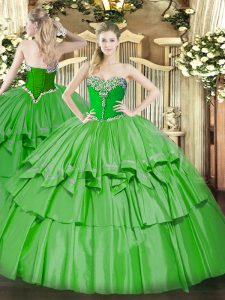 Floor Length Green Quinceanera Gowns Organza and Taffeta Sleeveless Beading and Ruffled Layers