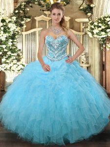Fine Aqua Blue Sleeveless Tulle Lace Up Quinceanera Dresses for Military Ball and Sweet 16 and Quinceanera