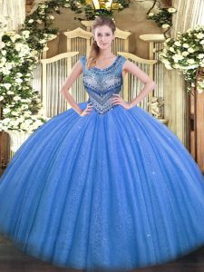 Tulle Scoop Sleeveless Lace Up Beading Military Ball Dresses For Women in Blue