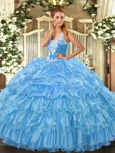 Baby Blue Organza Lace Up 15th Birthday Dress Sleeveless Floor Length Beading and Ruffled Layers and Pick Ups