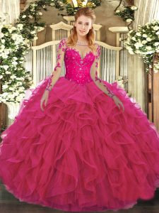 Ball Gowns Quinceanera Gown Hot Pink Scoop Tulle Long Sleeves Floor Length Lace Up