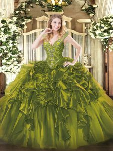 Floor Length Olive Green Quince Ball Gowns Organza Sleeveless Beading and Ruffles