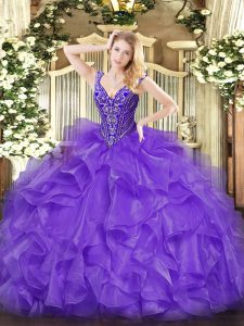 Fitting Organza V-neck Sleeveless Lace Up Beading and Ruffles Casual Dresses in Lavender
