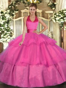 Traditional Tulle Halter Top Sleeveless Lace Up Ruffled Layers Ball Gown Prom Dress in Fuchsia