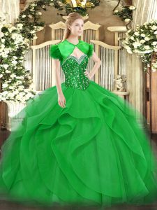 Green Ball Gowns Sweetheart Sleeveless Tulle Floor Length Lace Up Beading and Ruffles Teens Party Dress