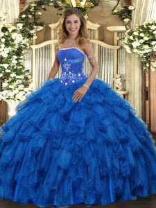 Royal Blue Lace Up Vestidos de Quinceanera Beading and Ruffles Sleeveless Floor Length