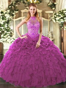 Eye-catching Fuchsia Ball Gowns Organza Halter Top Sleeveless Embroidery and Ruffles Floor Length Lace Up Sweet 16 Dress