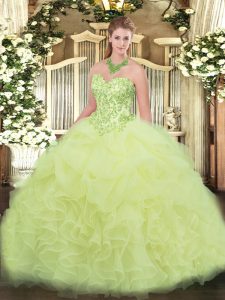 Modest Yellow Green Lace Up Vestidos de Quinceanera Appliques and Ruffles Sleeveless Floor Length