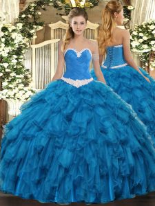 Sweetheart Sleeveless Organza 15 Quinceanera Dress Appliques and Ruffles Lace Up