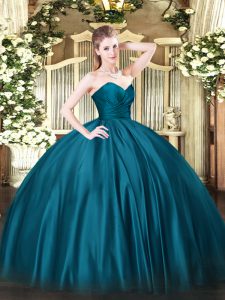 Floor Length Teal Quince Ball Gowns Organza Sleeveless Ruching