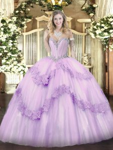 Romantic Tulle Sweetheart Sleeveless Lace Up Beading and Appliques Sweet 16 Quinceanera Dress in Lavender