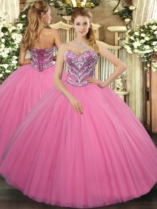 Popular Ball Gowns 15 Quinceanera Dress Rose Pink Sweetheart Tulle Sleeveless Floor Length Lace Up