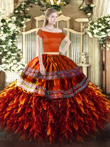 Edgy Off The Shoulder Short Sleeves Zipper 15th Birthday Dress Rust Red Organza
