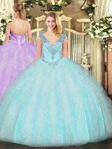 Aqua Blue Ball Gowns V-neck Sleeveless Organza Floor Length Lace Up Ruffles Quinceanera Gowns