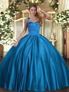 Blue Sleeveless Satin Lace Up Quince Ball Gowns for Military Ball and Sweet 16 and Quinceanera
