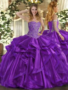 Custom Made Sweetheart Sleeveless Organza Quinceanera Gown Beading and Ruffles Lace Up