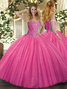 Floor Length Lace Up Quinceanera Gown Hot Pink for Military Ball and Sweet 16 and Quinceanera with Beading
