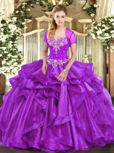 Ideal Purple Quinceanera Dress Military Ball and Sweet 16 and Quinceanera with Beading and Ruffles Sweetheart Sleeveless Lace Up