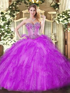 Fuchsia Ball Gowns Sweetheart Sleeveless Tulle Floor Length Lace Up Beading and Ruffles Sweet 16 Quinceanera Dress
