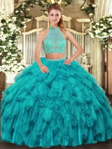 Turquoise Sleeveless Beading and Ruffles Floor Length Sweet 16 Dresses